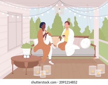 Friends relaxing together on porch flat color vector illustration. Lounge and relaxation. People sitting wrapped in blankets on sofa 2D cartoon characters with outdoor scenery on background