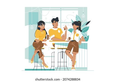 Friends rest at bar vector illustration. Colleagues spend fun time together talking and drinking beverage flat style. Relaxation and night club concept. Isolated on white background