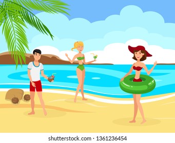 Friends Rest on Tropical Island Flat Illustration. Women in Bikini and Man in T shirt and Shorts Cartoon Characters. Summer Vacation on Exotic Resort. Tourism, Travel, Holiday Trip to Sea Shore