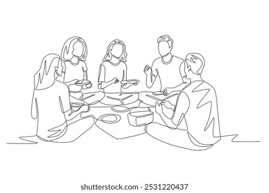 Friends reunion at picnic. Picnic gathering concept one-line drawing