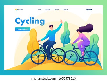 Friends ride a bike in the forest, rest, entertainment, walk, friendship. Flat 2D character. Landing page concepts and web design