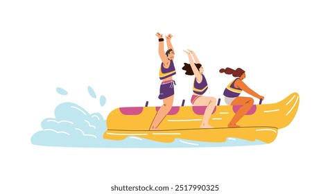 Friends ride on an inflatable banana boat. Marine extreme entertainment. Water activity. A group of friends relax and have fun. Hot summer outdoors. Vector illustration isolated on white background.