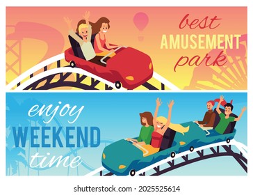 Friends ride roller coaster in amusement park on colored background with lettering. . Set of banners in flat vector illustrations. Young people cartoon characters, chil enjoy speed and have fun.