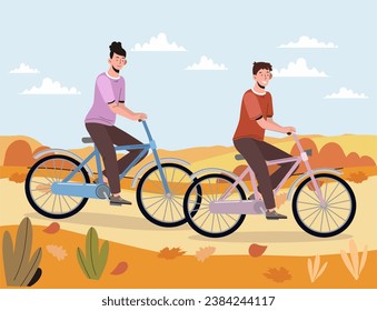 Friends riding bicycle concept. Man and woman at bike near road. Active lifestyle and travel. Trip outdoor at autumn and fall season. Beautiful scene and panorama. Cartoon flat vector illustration