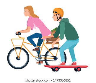 Friends riding in bicycle and pulling skateboard cartoon ,vector illustration graphic design.