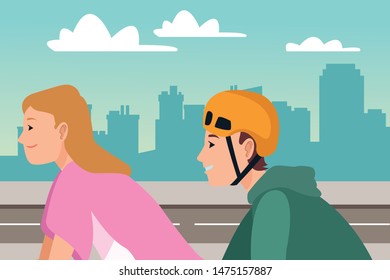 Friends riding in bicycle and pulling skateboard cartoon in the city urban scenery background ,vector illustration graphic design.