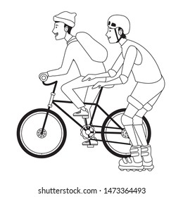 Friends riding in bicycle and skates with helmet cartoon ,vector illustration graphic design.