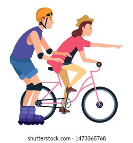 Friends riding in bicycle and skates with helmet cartoon ,vector illustration graphic design.