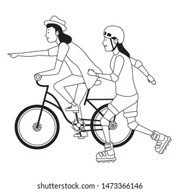 Friends riding in bicycle and skates with helmet cartoon ,vector illustration graphic design.