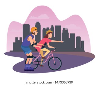 Friends riding in bicycle and skates with helmet cartoon in the city, urban scenery ,vector illustration graphic design.