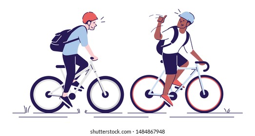 Friends riding bicycles flat vector illustrations. Cyclists with helmets, sportsmen, athletes on bikes. Tourists with backpacks isolated cartoon characters with outline elements on white background