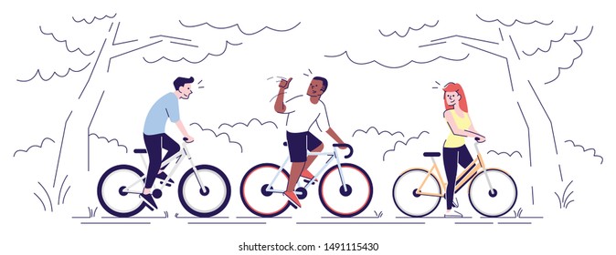 Friends riding bikes in park flat vector illustration. Boys, girl, neighbours enjoying fresh air, cycling in forest on bicycles isolated cartoon characters with outline elements on white background