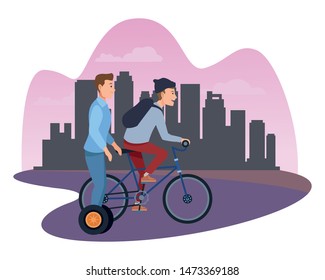 Friends riding electric scooter and bicycle cartoon in the city, urban scenery ,vector illustration graphic design.