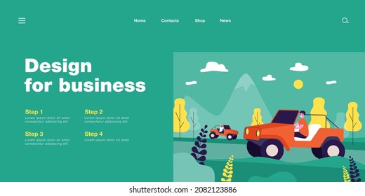 Friends riding jeeps with no doors or roofs in mountains. Cartoon characters driving in nature flat vector illustration. Traveling, adventure concept for banner, website design or landing web page