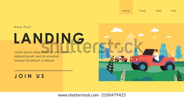 Friends riding jeeps with no doors or roofs in\
mountains. Cartoon characters driving in nature flat vector\
illustration. Traveling, adventure concept for banner, website\
design or landing web\
page