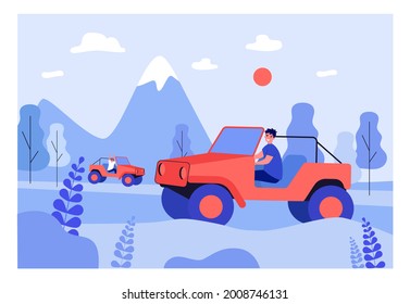 Friends riding off road cars with no doors or roofs in mountains. Cartoon characters driving in nature flat vector illustration. Traveling, adventure concept for banner, website design or landing page