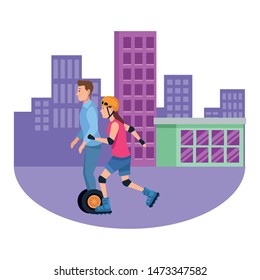 Friends riding on skates and electric scooter with helmet in the city, urban scenery ,vector illustration graphic design.