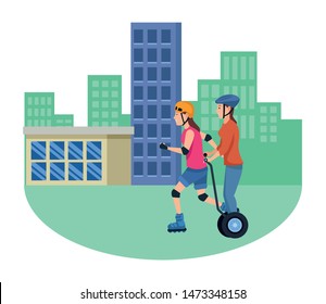 Friends riding on skates and electric scooter with helmet in the city, urban scenery ,vector illustration graphic design.