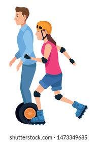Friends riding on skates and electric scooter with helmet ,vector illustration graphic design.