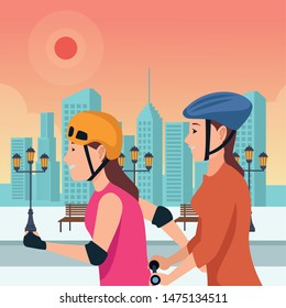 Friends riding on skates and electric scooter with helmet in the city urban scenery background ,vector illustration graphic design.