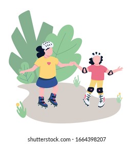 Friends roller skating in park flat color vector faceless characters. Children training rollerblading skills in fresh air isolated cartoon illustration for web graphic design and animation