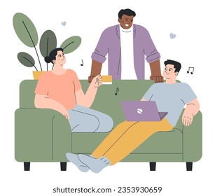 Friends or roommates sitting on couch. Male and female charcters talking in the living room. Joint living and recreation in friends company, modern family idea. Flat Vector Illustration.