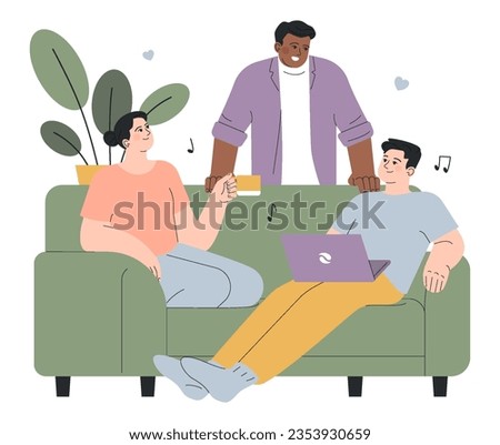 Friends or roommates sitting on couch. Male and female charcters talking in the living room. Joint living and recreation in friends company, modern family idea. Flat Vector Illustration.