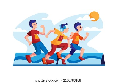 Friends running race by wearing VR headset