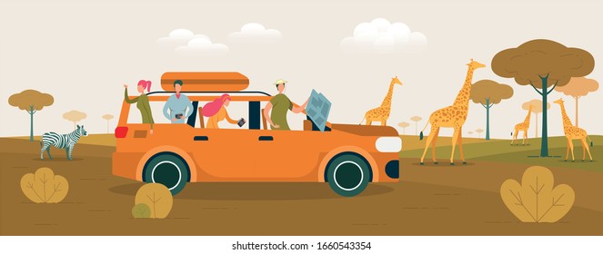 Friends Safari Trip Cartoon Vector Illustration. Cartoon Characters Watching Zebras and Giraffes. People Road Travel. Wild African Park Expedition. Educational Recreation in Africa