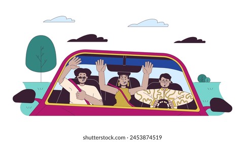 Friends scared by aggressive driving line cartoon flat illustration. Multiracial group in vehicle 2D lineart characters isolated on white background. Dangerous situation scene vector color image