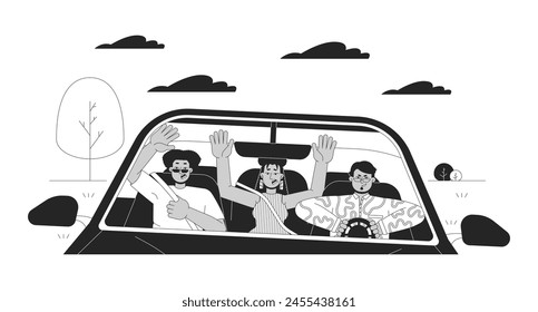 Amigos asustados por la conducción agresiva ilustración plana de dibujos animados en blanco y negro. Grupo multirracial en vehículos 2D con caracteres lineales aislados. Situación peligrosa escena monocroma contorno de Vector Imagen