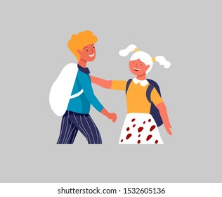 Friends schoolchildren character are laughing and talking. Stylish smiling boys and girls. Friendly group of go in school to study. Colorful cartoon concept vector illustration