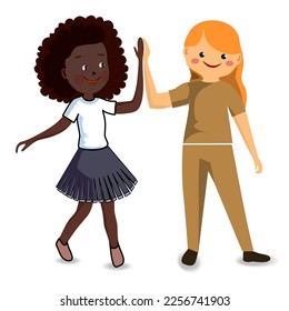 Friends, Schoolgirls, Teens Together. Diversity Concept. Cartoon Vector Illustration