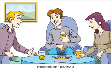 Amigos sentados en casa y bebiendo
