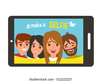 Friends selfie on phone screen. Vector illustration. 