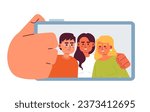 Friends selfie semi flat color vector characters. Taking picture on smartphone. Special moment with mates. Editable full body people on white. Simple cartoon spot illustration for web graphic design
