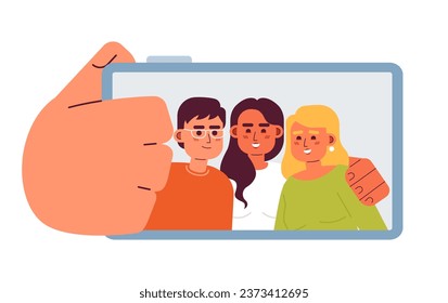 Friends selfie semi flat color vector characters. Taking picture on smartphone. Special moment with mates. Editable full body people on white. Simple cartoon spot illustration for web graphic design