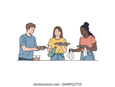 Friends serving food and drinks at a party