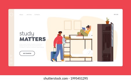 Friends Sharing Room Landing Page Template. Dormitory Roommates Characters Live Together. Woman Read on Bunk Bed, Man Inn with Suitcase. College Students Lifestyle. Cartoon People Vector Illustration