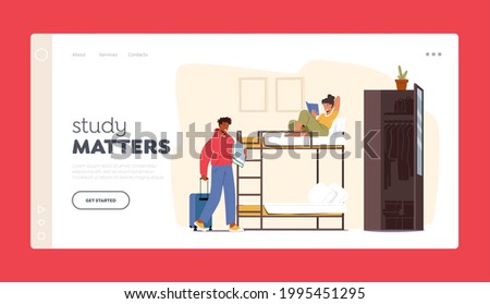 Friends Sharing Room Landing Page Template. Dormitory Roommates Characters Live Together. Woman Read on Bunk Bed, Man Inn with Suitcase. College Students Lifestyle. Cartoon People Vector Illustration