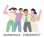 Friends are shoulder-to-shoulder, V poses, and happy expressions. flat design style vector illustration.