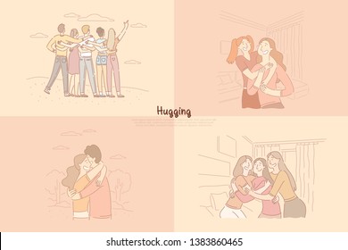 Friends, siblings hugging, sisters spending time together, girlfriends having party, couple dating banner template