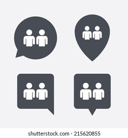 Friends sign icon. Social media symbol. Map pointers information buttons. Speech bubbles with icons. Vector