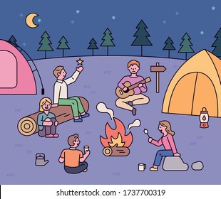 Friends sit around a campfire and have a romantic camping trip. flat design style minimal vector illustration.