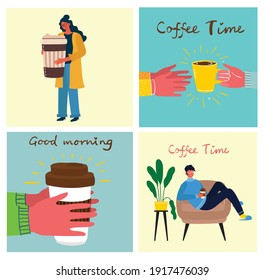 Friends sit in cafe, drink coffee Flat style vector illustration isolated on white background.
