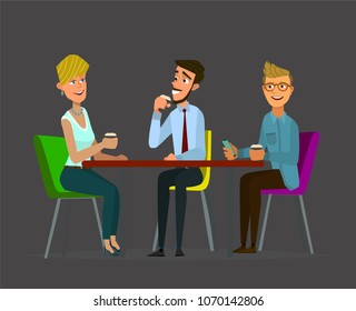 Friends sit in cafe, drink coffee.Vector illustration in cartoon style.