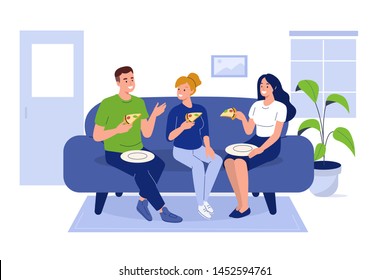 Friends sit on sofa and eat pizza.  Flat style modern vector illustration.