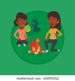Friends sitting around campfire. Friends having fun in camping. Tourists relaxing near campfire. Concept of travel and tourism. Vector flat design illustration in the circle isolated on background.