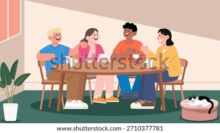 Friends sitting around a table, talking and laughing. The image conveys a sense of friendship, happiness, and relaxation.