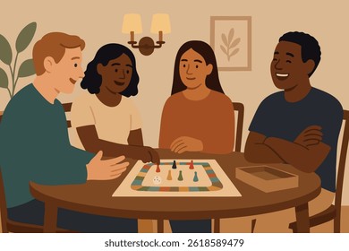 Friends sitting around wooden table, engaging in strategic board game, sharing camaraderie during relaxed social moment